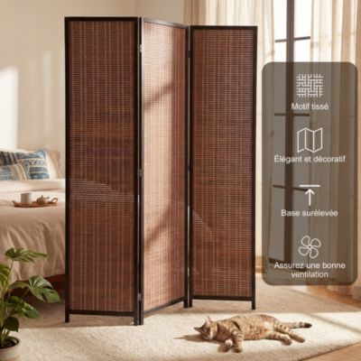 Paravent interieur en bois 3 panneaux 135 x 180 cm séparateur de pièce pliable bois brun noir