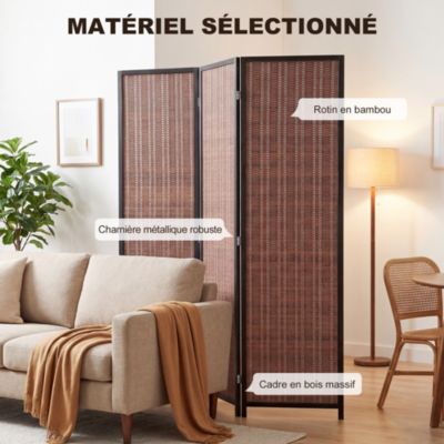 Paravent interieur en bois 3 panneaux 135 x 180 cm séparateur de pièce pliable bois brun noir