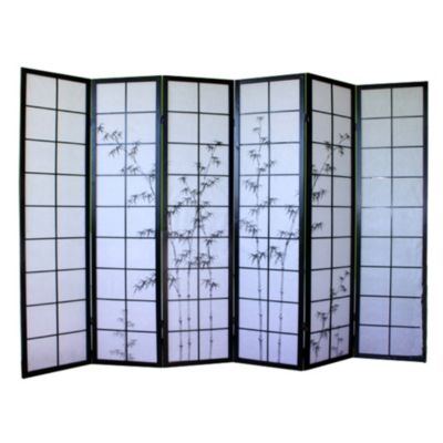 Paravent japonais en bois noir avec dessin bambou de 6 pans