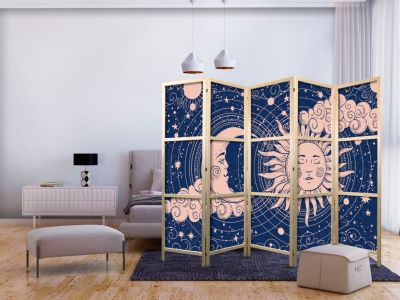 Paravent japonais -Illustration du Soleil et de la LuneMarine