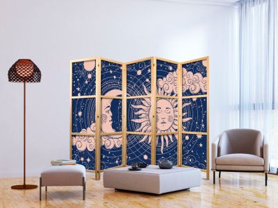 Paravent japonais -Illustration du Soleil et de la LuneMarine