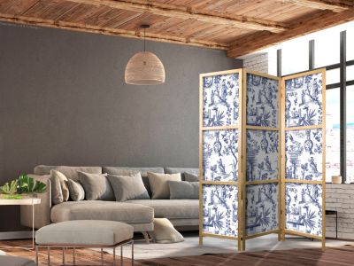 Paravent japonais -Motif Bleu à Motif Grec et Végétal