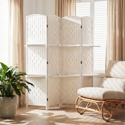 Paravent séparateur de pièce 4 panneaux pliables dim. 160L x 170H cm - 2 étagères - bois fibre papier blanc