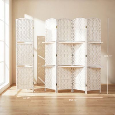 Paravent séparateur de pièce 4 panneaux pliables dim. 160L x 170H cm - 2 étagères - bois fibre papier blanc