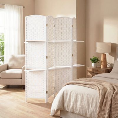 Paravent séparateur de pièce 4 panneaux pliables dim. 160L x 170H cm - 2 étagères - bois fibre papier blanc