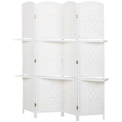 Paravent séparateur de pièce 4 panneaux pliables dim. 160L x 170H cm - 2 étagères - bois fibre papier blanc