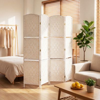Paravent séparateur de pièce 4 panneaux pliables dim. 160L x 170H cm - 2 étagères - bois fibre papier blanc
