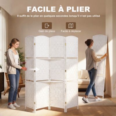 Paravent séparateur de pièce 4 panneaux pliables dim. 160L x 170H cm - 2 étagères - bois fibre papier blanc