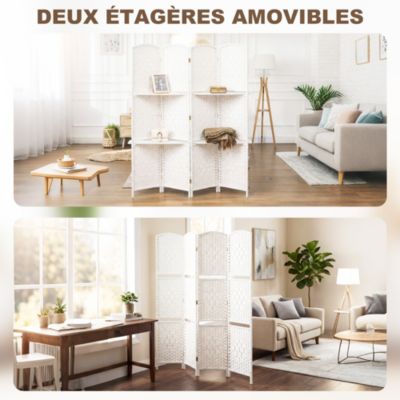 Paravent séparateur de pièce 4 panneaux pliables dim. 160L x 170H cm - 2 étagères - bois fibre papier blanc