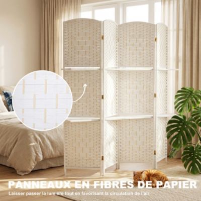 Paravent séparateur de pièce 4 panneaux pliables dim. 160L x 170H cm - 2 étagères - bois fibre papier blanc