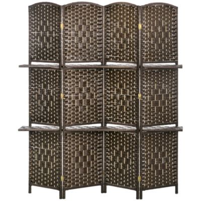 Paravent séparateur de pièce 4 panneaux pliables dim. 160L x 170H cm - 2 étagères - bois fibre papier brun