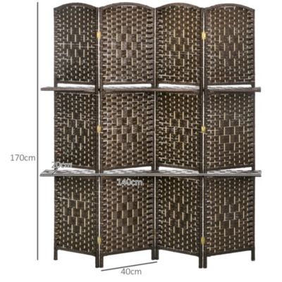 Paravent séparateur de pièce 4 panneaux pliables dim. 160L x 170H cm - 2 étagères - bois fibre papier brun