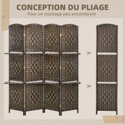 Paravent séparateur de pièce 4 panneaux pliables dim. 160L x 170H cm - 2 étagères - bois fibre papier brun