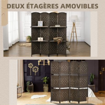 Paravent séparateur de pièce 4 panneaux pliables dim. 160L x 170H cm - 2 étagères - bois fibre papier brun