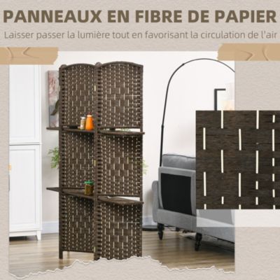 Paravent séparateur de pièce 4 panneaux pliables dim. 160L x 170H cm - 2 étagères - bois fibre papier brun