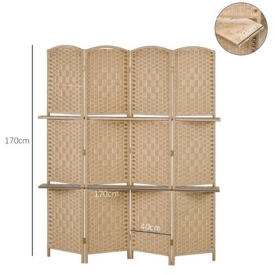 Paravent séparateur de pièce 4 panneaux pliables dim. 160L x 170H cm - 2 étagères - bois fibre papier naturel