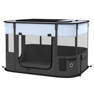 Parc pliable pour chien en tissu Oxford - fenêtres, portes en maille - sac de rangement - gris noir