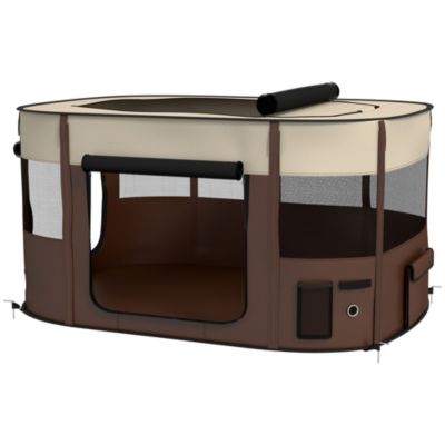Parc pliable pour chien en tissu Oxford - fenêtres, portes en maille - sac de rangement - marron