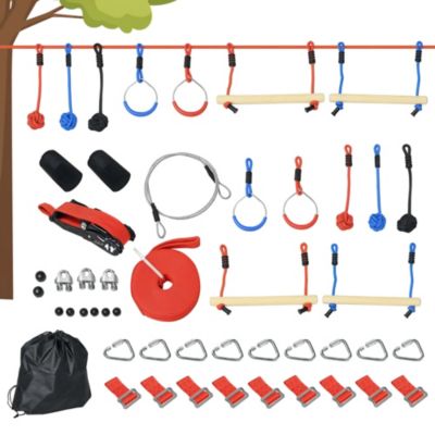 Parcours d'obstacles ninja enfant - 30 accessoires, 10 m de slackline - sac de transport - bleu rouge