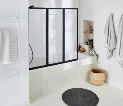 Schulte Pare-baignoire rabattable sans percer, 109x140cm, paroi baignoire 2  volets pivotants avec porte-serviette, verre 3mm transparent, profilé noir