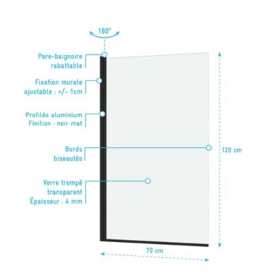 Pare-baignoire 70 x 120 cm noir mat Essentiel Galedo