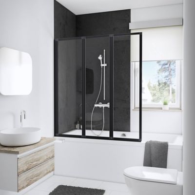 Pare-baignoire à coller pivotant 3 volets pliables, 127 x 140 cm, style verrière industrielle, verre transparent 3mm, profilé noir mat, Schulte Golf