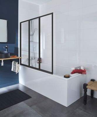 Pare-baignoire à coller pivotant 3 volets pliables, 127 x 140 cm, style verrière industrielle, verre transparent 3mm, profilé noir mat, Schulte Golf