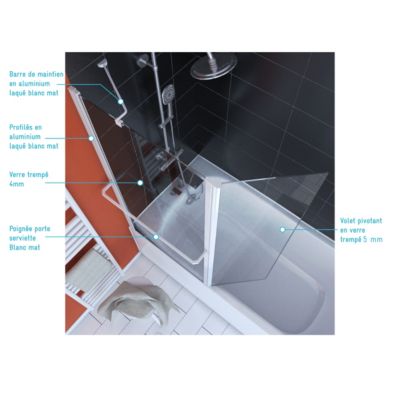PARE BAIGNOIRE AVEC VOLET PIVOTANT 130x105cm PROFILE ALUMINIUM LAQUE BLANC ET VERRE TRANSPARENT