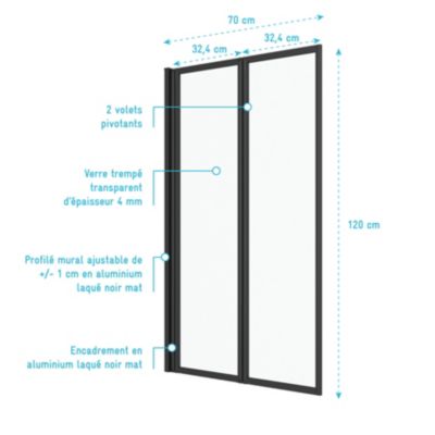 Pare-baignoire avec volet pivotant 70 x 120 cm noir mat Galedo