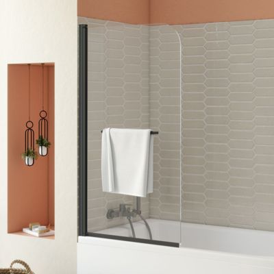 Pare-baignoire avec volet pivotant design 80x140 cm aluminium noir mat verre 6 mm - Gena