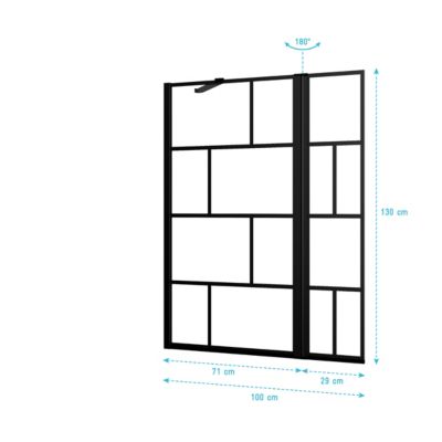 Pare baignoire avec volet pivotant - profile noir mat - 130x104 (HxL) - verre 5mm sérigraphié