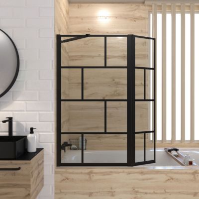 Pare baignoire avec volet pivotant - profile noir mat - 130x104 (HxL) - verre 5mm sérigraphié