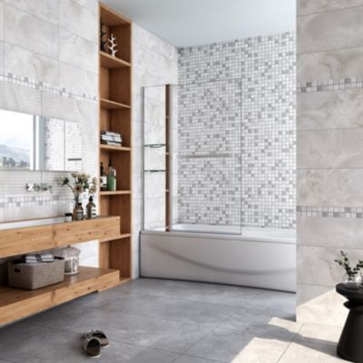 Pare baignoire chromé pivotant L.100 x 140 cm avec 2 étagères et porte-serviette - 6mm verre sécurité