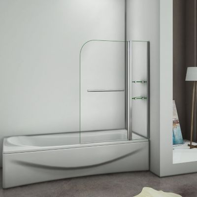 Pare baignoire chromé pivotante L.100 x 140 cm avec 2 étagères - 6mm verre sécurité - solution pratique, élégante