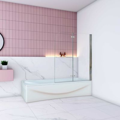 Pare baignoire Chrome au angle arrondis pivotant 180 degrés,L120xH140cm, 6mm verre anticalcaire avec porte serviette