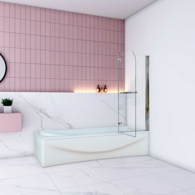 Pare baignoire Chrome au angle arrondis pivotant 180 degrés,L120xH140cm, 6mm verre anticalcaire avec porte serviette