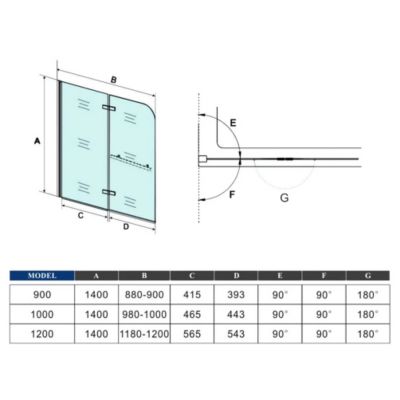 Pare baignoire Chrome au angle arrondis pivotant 180 degrés,L120xH140cm, 6mm verre anticalcaire avec porte serviette
