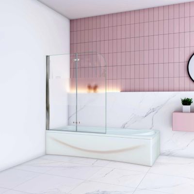 Pare baignoire Chrome au angle arrondis pivotant 180 degrés L90xH140cm,6mm verre anticalcaire avec bande central dépoli