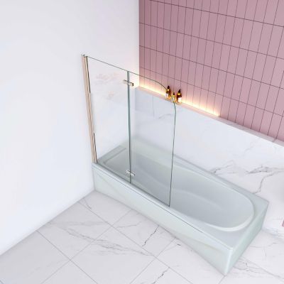 Pare baignoire Chrome au angle arrondis pivotant 180 degrés L90xH140cm,6mm verre anticalcaire avec bande central dépoli