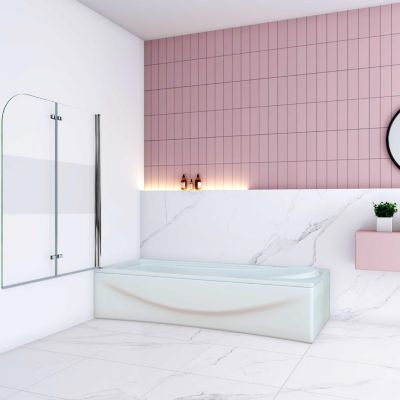 Pare baignoire Chrome au angle arrondis pivotant 180 degrés L90xH140cm,6mm verre anticalcaire avec bande central dépoli