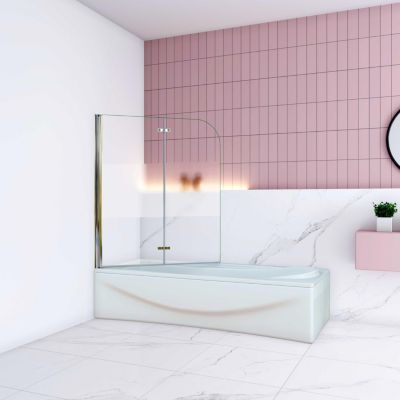 Pare baignoire Chrome au angle arrondis pivotant 180 degrés L90xH140cm,6mm verre anticalcaire avec bande central dépoli