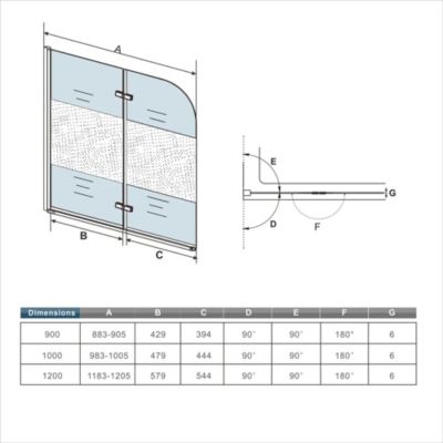 Pare baignoire Chrome au angle arrondis pivotant 180 degrés L90xH140cm,6mm verre anticalcaire avec bande central dépoli