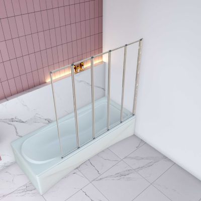 Pare baignoire Chrome pliante,L120xH140cm avec pliante 5 volets pliants 180 degrés,Installation réversible,4mm verre trempé