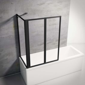 Pare baignoire à coller 2 volets + paroi de retour fixe, 89 x 70 x 120 cm, verre transparent, profilé noir, Schulte
