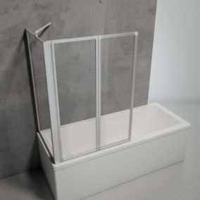 Pare baignoire à coller 2 volets + paroi de retour fixe, 89 x 75 x 120 cm, verre transparent, alu nature, Schulte