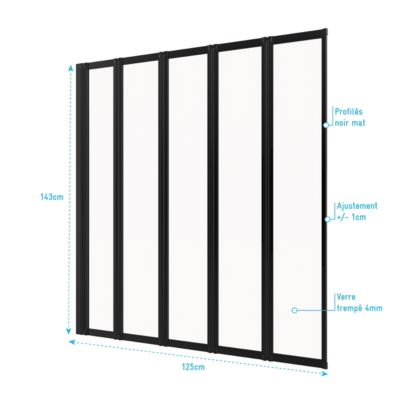 Pare baignoire Five 5 volets pivotants noir 143 x 125cm Galedo