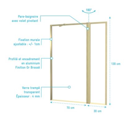 Pare-baignoire fixe avec volet pivotant 130+30 x 70 cm, profilés aluminium doré brossé, Galedo Golden Edge