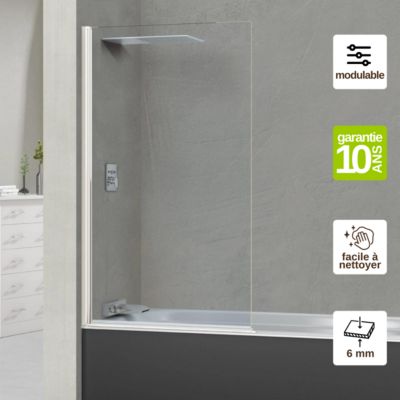 Pare Baignoire fixe pivotant gauche en verre sécurité ép 6mm - L85xH147 cm - profilé blanc - SUPERBAN Alsace Sport