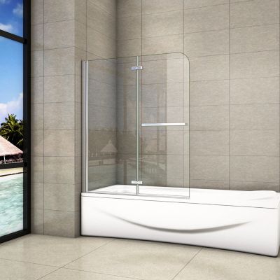 Pare baignoire L.100 x H.140cm pivotant à 180 avec 2 étagères et porte-serviette - 6mm verre sécurit -Installation réversible