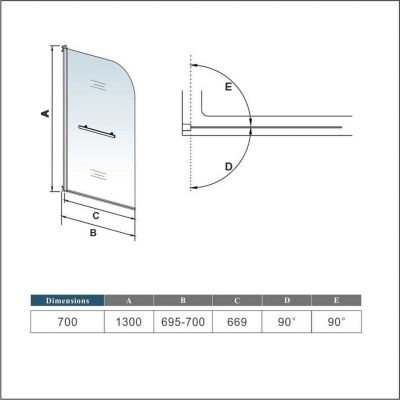 Pare baignoire L.70 x H.130cm pivotant à 180 avec 2 étagères et porte-serviette - 5mm verre sécurit - Installation réversible